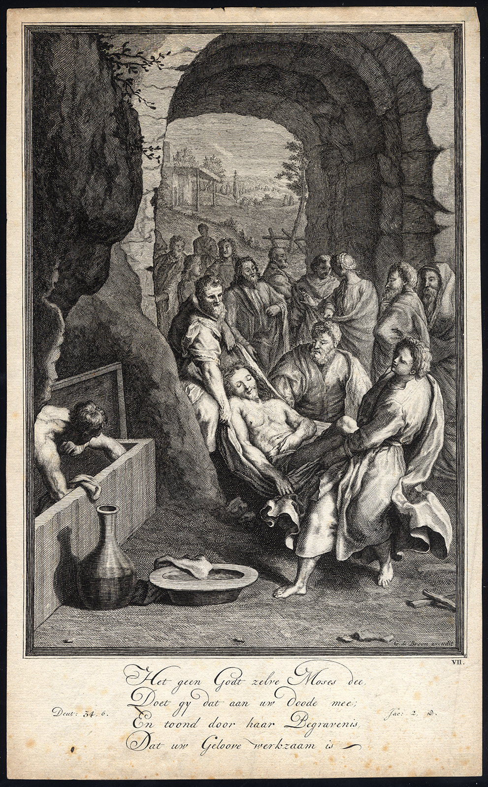 , Antique Master Print-DEUTERONOMY 34:6-BURIAL-MOSES-De Broen-1705, Pictura Antique Prints