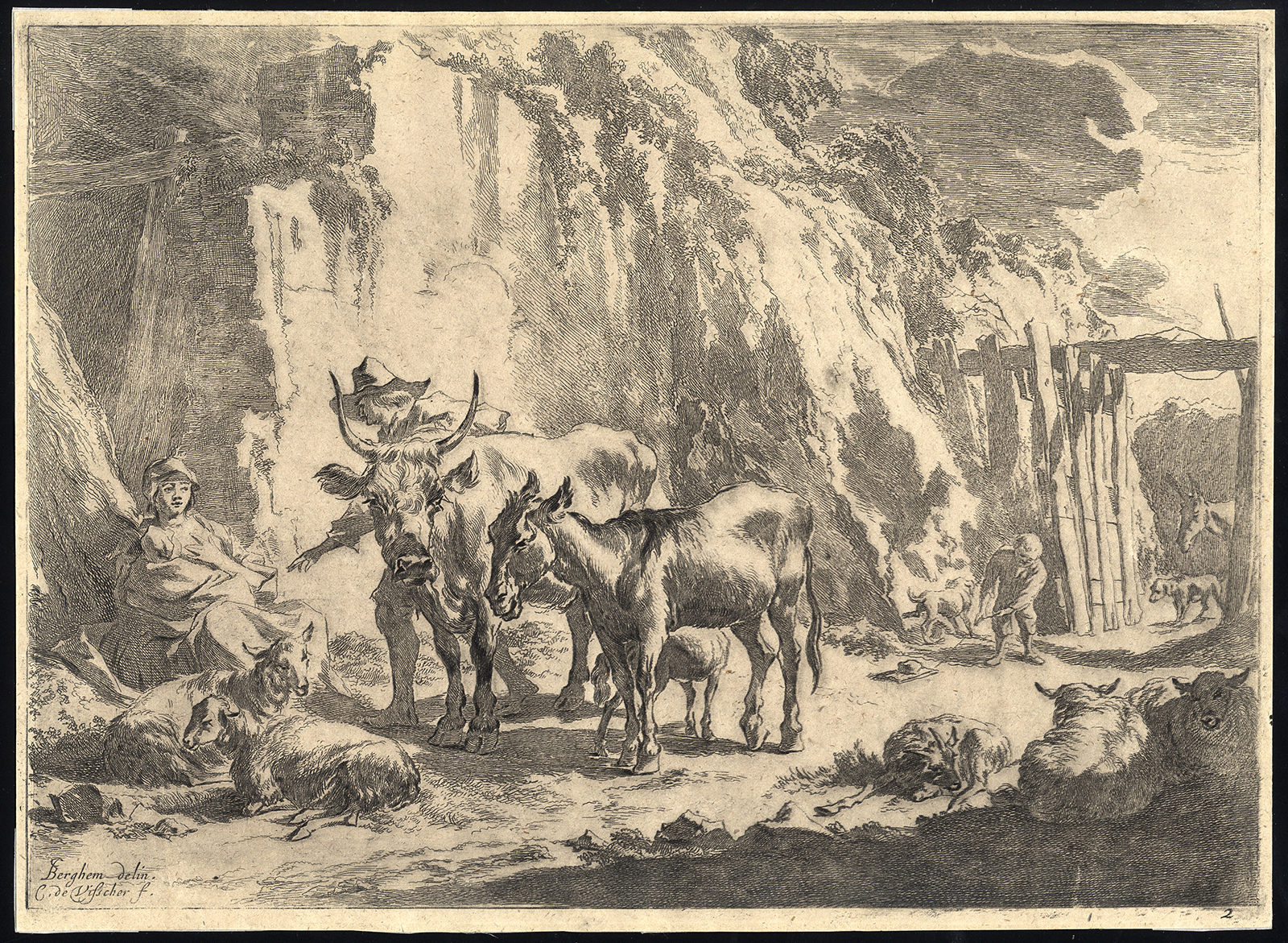 , Antique Master Print-HERD-FAMILY-DONKEY-OX-C. Visscher-Berghem-ca. 1640, Pictura Antique Prints