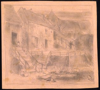 Original Drawing-FARM HOUSE-STREAM-CHURCH-PENCIL SKETCH-Theo Goedvriend-1920