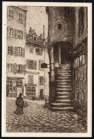 Original Print-STREET SCENE-GENEVA-TOUR BOEL-COBBLED STREET-Paul Matthes-1910