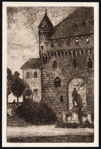 Original Print-CITY CASTLE-STATUE-SWITZERLAND-Oskar Paul Matthes-1910