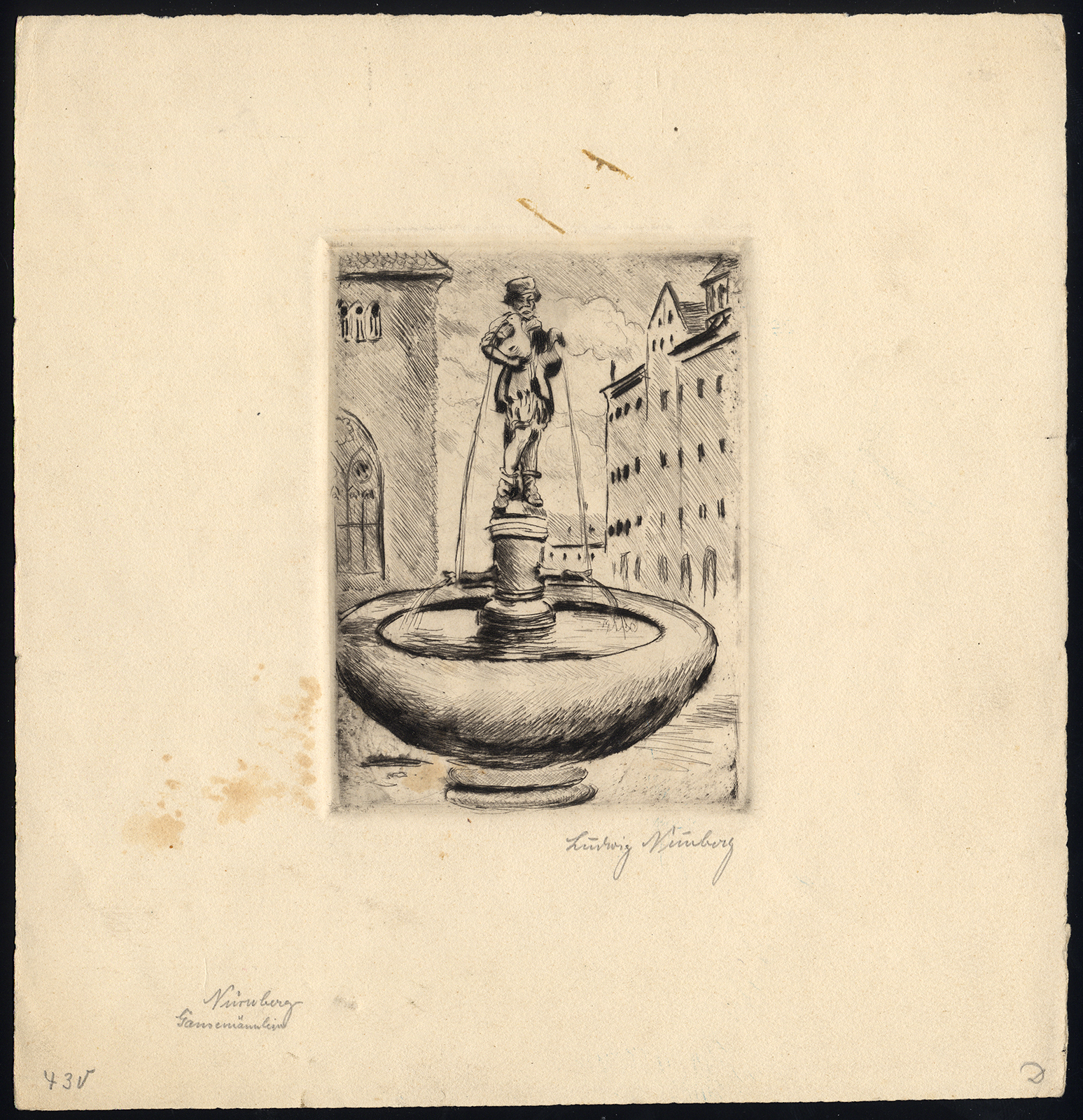 , Original Print-GANSEMANNLEINBRUNNEN-NURNBERG-GERMANY-FOUNTAIN-Neunberg-1950, Pictura Antique Prints