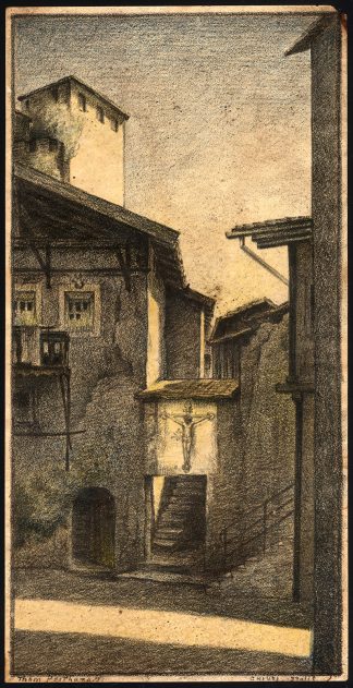 Original Print-STREET SCENE-CRUCIFIX-CHIUSI-TUSCANY-ITALY-Thomas Posthuma-1920