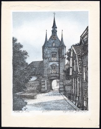 Original Print-VIANEN-CITY GATE-LEKPOORT-CLOCK TOWER-John de Jongh-1981
