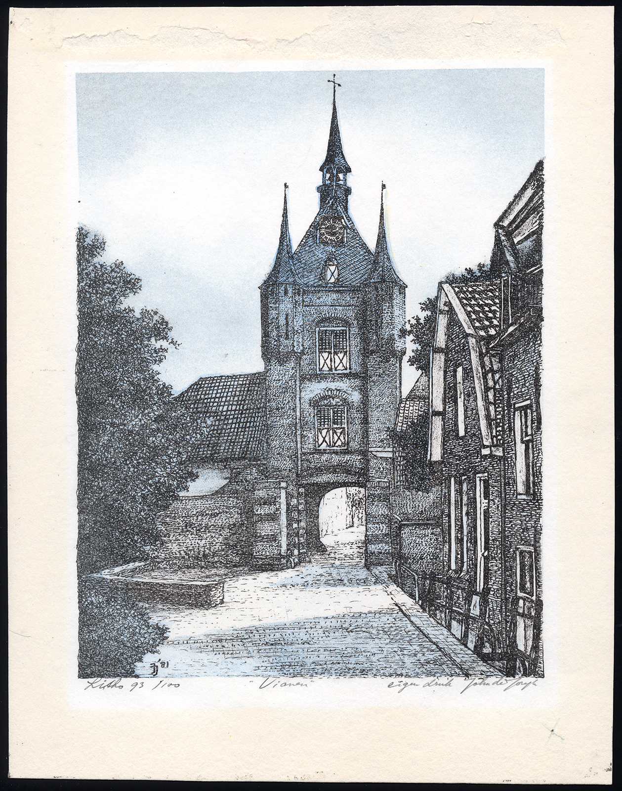 , Original Print-VIANEN-CITY GATE-LEKPOORT-CLOCK TOWER-John de Jongh-1981, Pictura Antique Prints