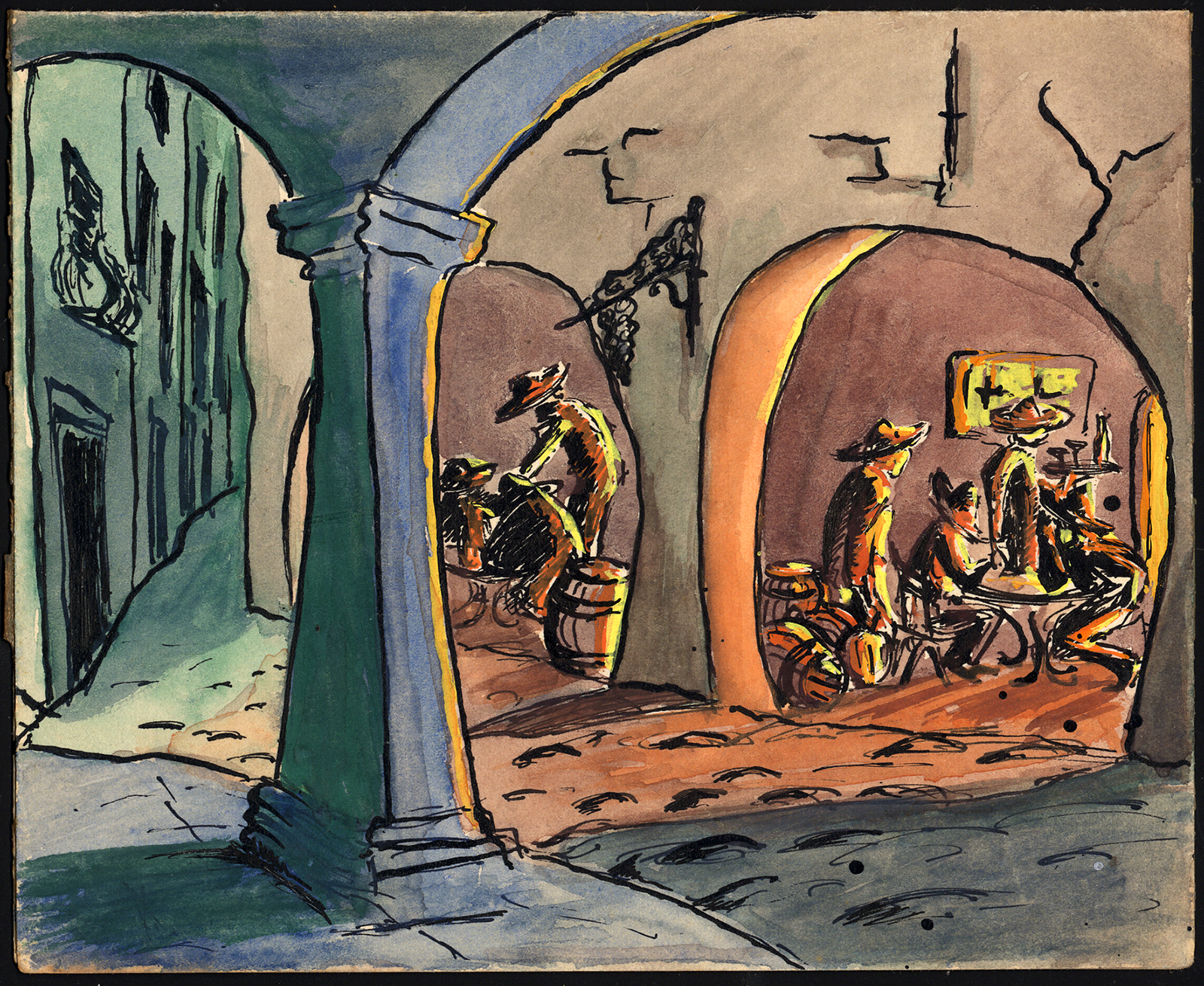 , Original Painting-NIGHT SCENE-STREET CAFE-SOMBRERO-MEXICAN-1960, Pictura Antique Prints