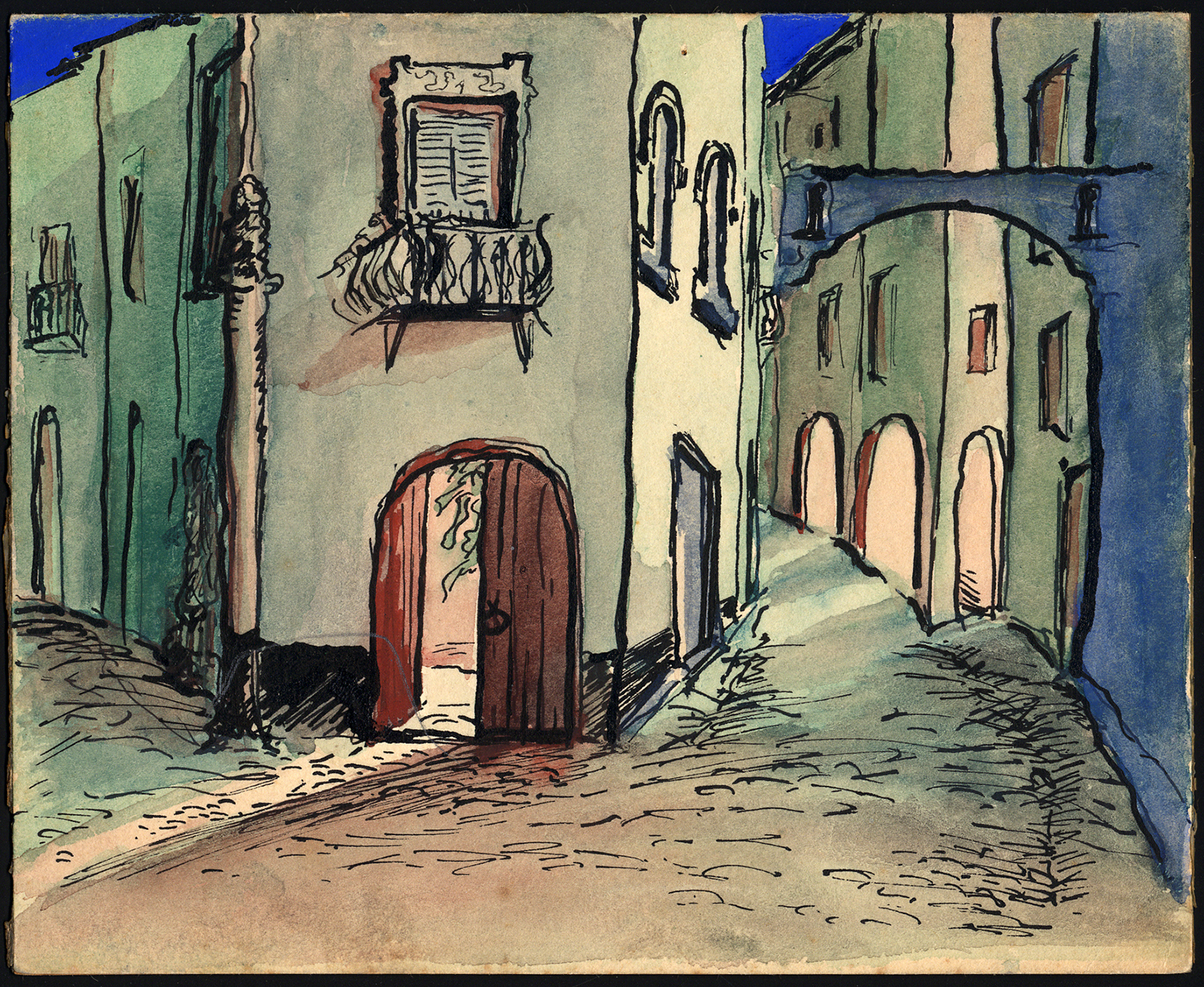 , Original Painting-NIGHT SCENE-NARROW STREETS-MIDDLE AMERICA-1960, Pictura Antique Prints