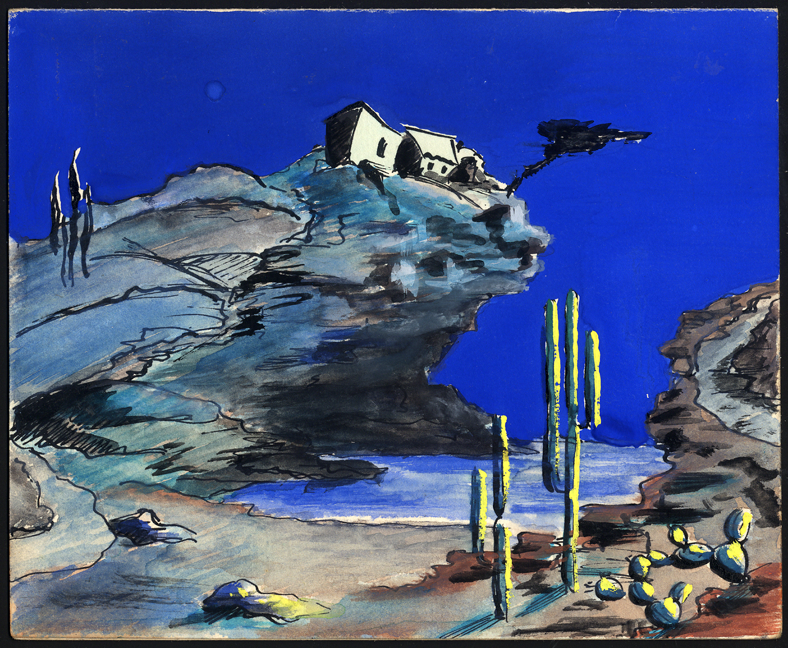 , Original Painting-LANDSCAPE-CLIFF-VILLA-CACTUS-BAY-HARBOUR-1960, Pictura Antique Prints