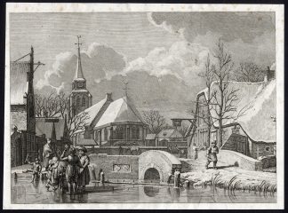 Antique Master Print-ICE SKATING-WINTER LANDSCAPE-VILLAGE-Cats-De Wit-1805