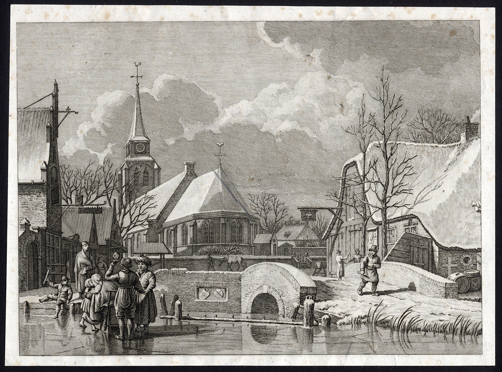 , Antique Master Print-ICE SKATING-WINTER LANDSCAPE-VILLAGE-Cats-De Wit-1805, Pictura Antique Prints