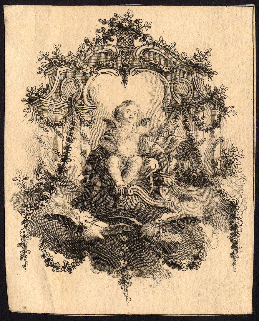 , Antique Master Print-PUTTO-SHELL-THRONE-DOVE-ca. 1740, Pictura Antique Prints