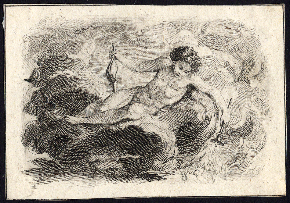 , Antique Master Print-YOUNG MAN-NUDE-CLOUD-TORCH-ca. 1740, Pictura Antique Prints
