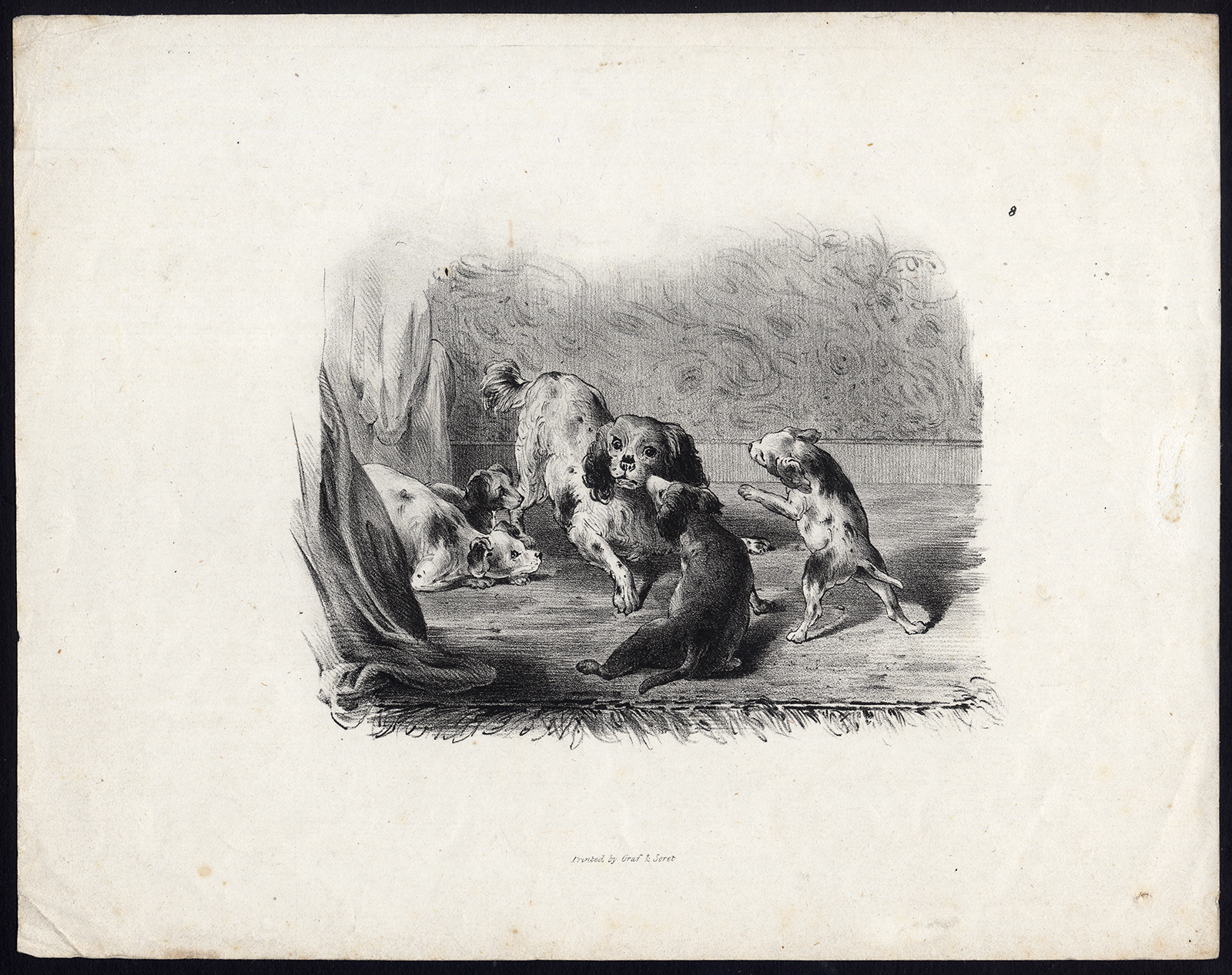 , Antique Master Print-DOG-PLAY-INTERIOR-ca. 1850, Pictura Antique Prints
