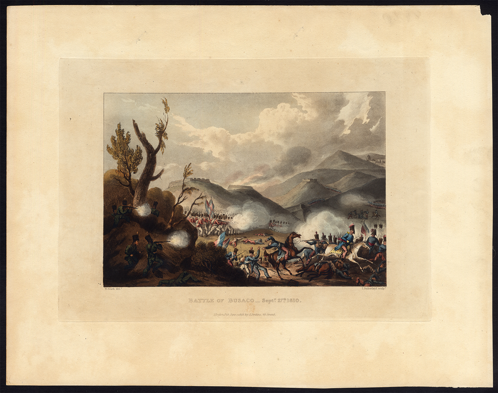 , Antique Print-PENINSULAR WAR-BATTLE OF BUSSACO-WELLINGTON-Sutherland-Heath-1815, Pictura Antique Prints