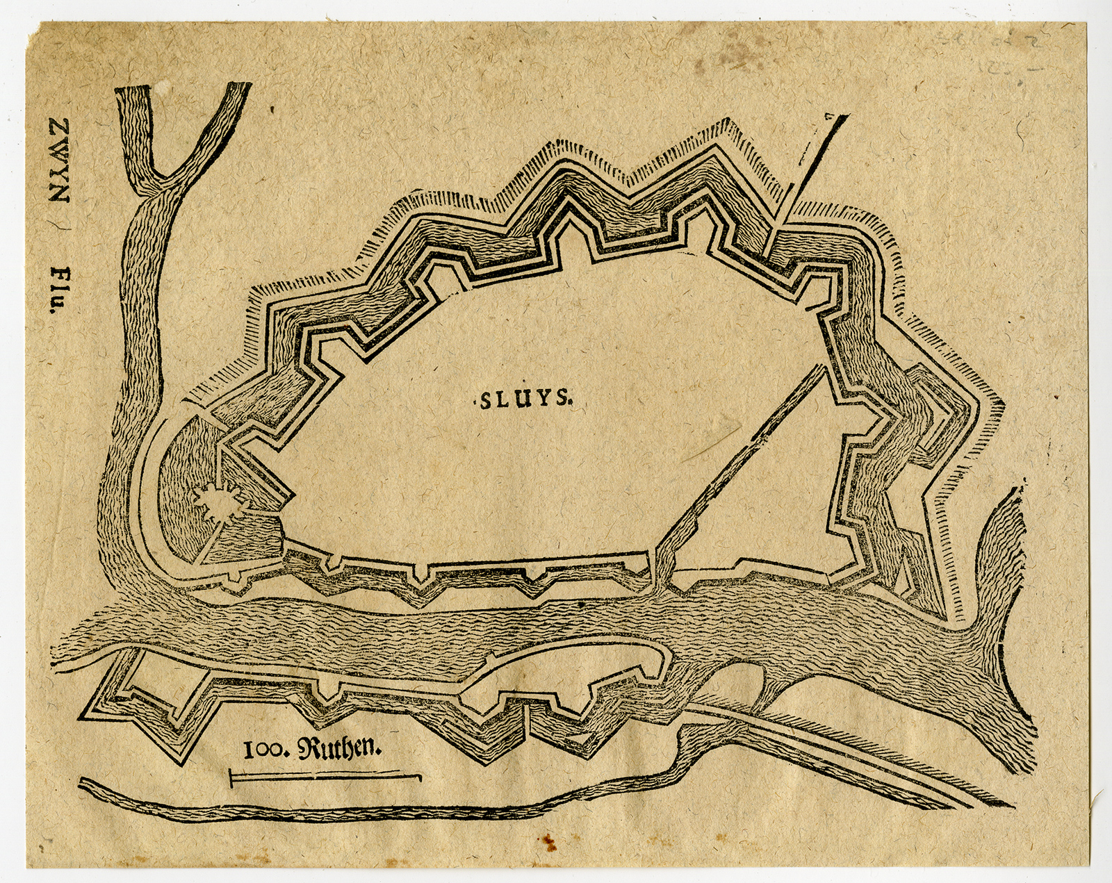 , Rare Antique Print-SLUYS-SLUIS-PLAN-FORTIFICATION-Merian-Ammon-Serlin-1673, Pictura Antique Prints
