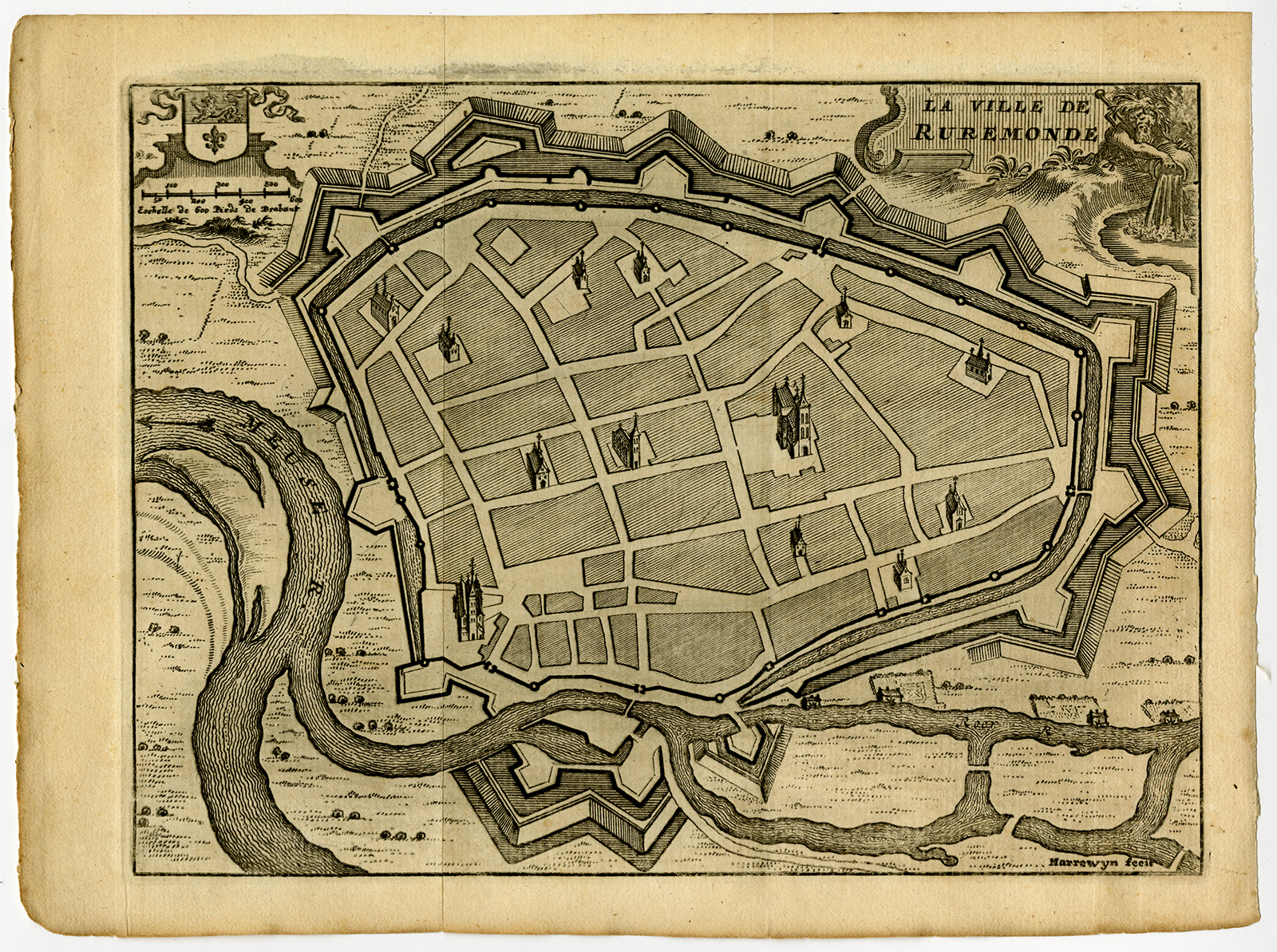 , Antique Print-ROERMOND-LIMBURG-MAAS-PLAN-Harrewijn-1720, Pictura Antique Prints