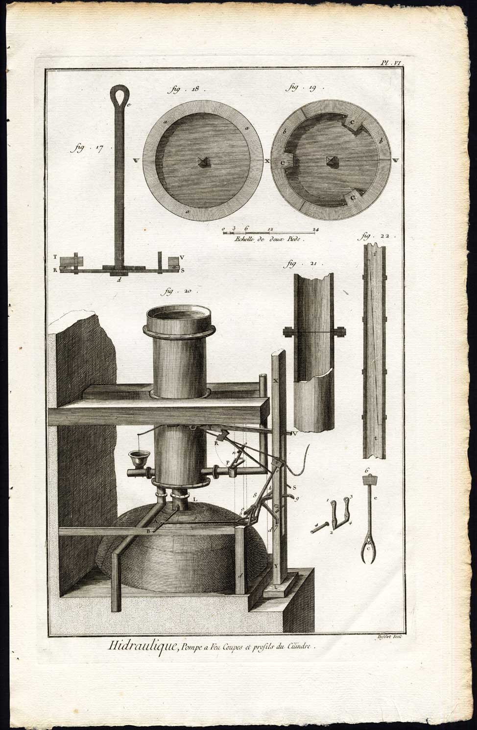 , 6 Antique Prints-HYDRAULICS-SCIENCE-FIRE PUMP-POMPE A FEU-Diderot-Defehrt-1751, Pictura Antique Prints