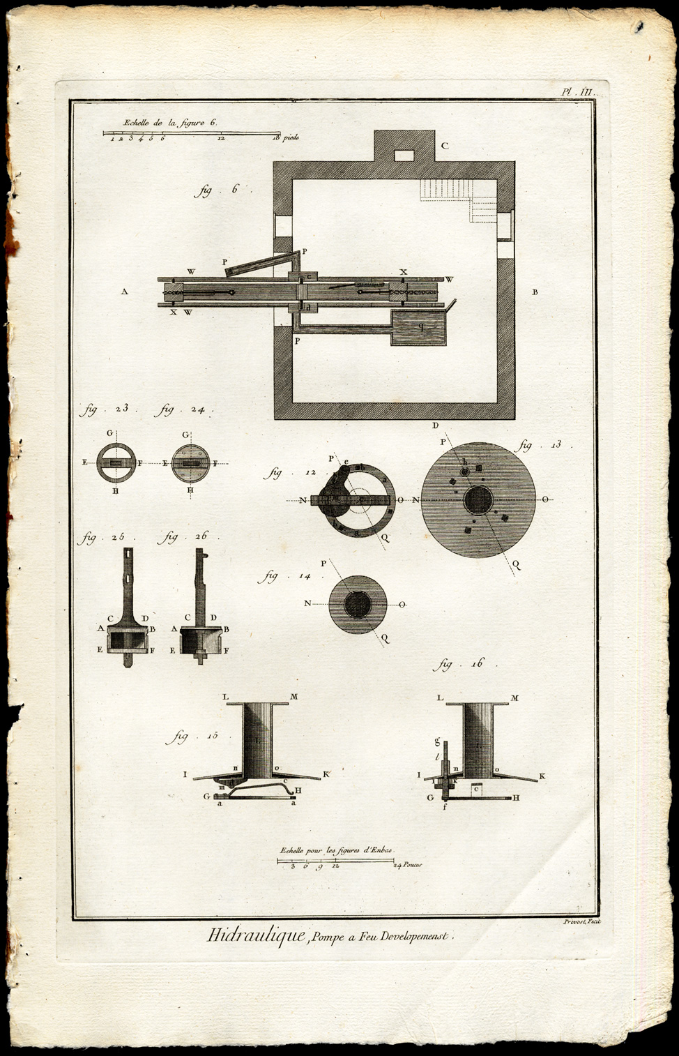 , 6 Antique Prints-HYDRAULICS-SCIENCE-FIRE PUMP-POMPE A FEU-Diderot-Defehrt-1751, Pictura Antique Prints