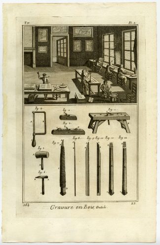 3 Antique Prints-WOODBLOCK ENGRAVING-WOODCUT-TOOLS-Diderot-Defehrt-1751