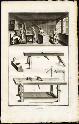 2 Antique Prints-WOODEN BOX MAKING-CRATE-TRUNK-TOOLS-Diderot-Benard-1751