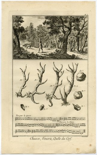 Antique Print-DEER HUNTING-CHASSE-HORNS-Diderot-Prevost-1751