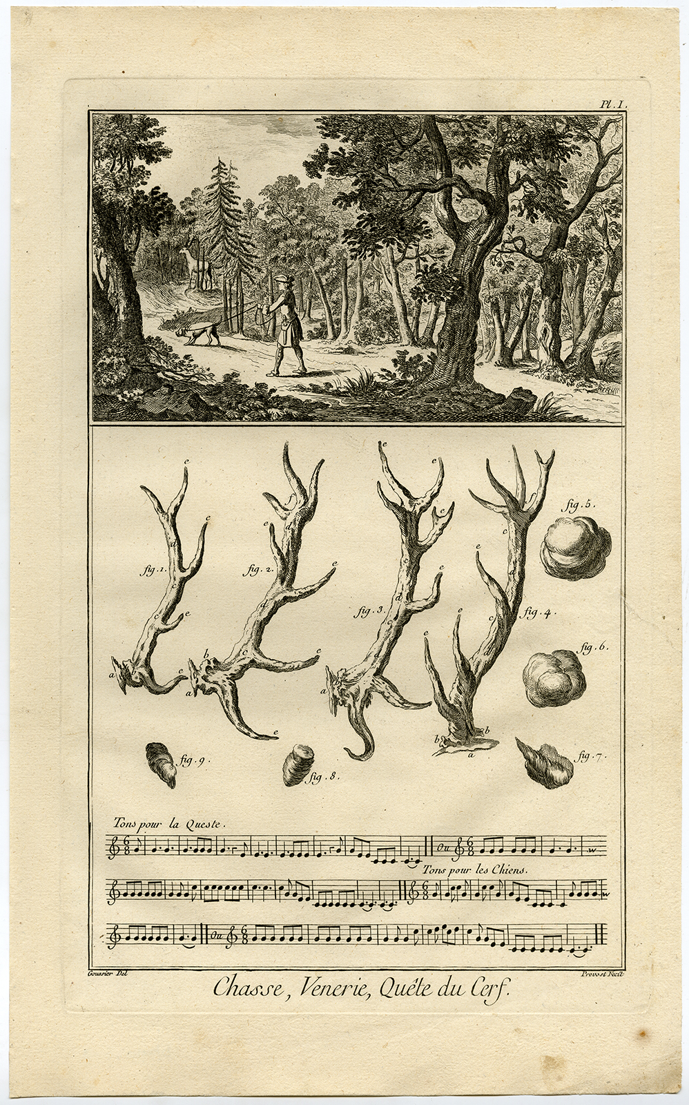 , Antique Print-DEER HUNTING-CHASSE-HORNS-Diderot-Prevost-1751, Pictura Antique Prints