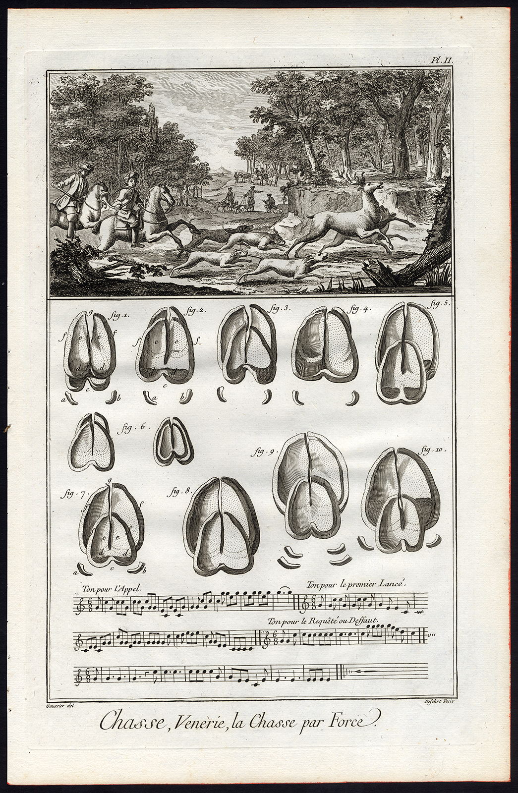 , Antique Print-DEER HUNTING-CHASSE-DOGS-FOOTPRINTS-Diderot-Prevost-1751, Pictura Antique Prints