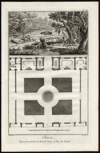 2 Antique PrintS-HUNTING-FOX-DOGS-CHASSE-TRAP-KENNEL-Diderot-Prevost-1751