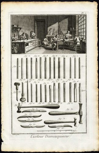 2 Antique Prints-CHASING AND DAMASCENING OF STEEL-WORKSHOP-Diderot-Defehrt-1751