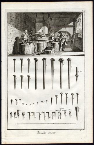 2 Antique Prints-HEAVY NAIL MAKING-WORKSHOP-Diderot-Defehrt-1751