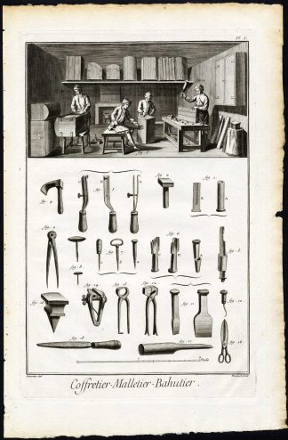 3 Antique Prints-CHEST MAKER-TOOLS-WORKSHOP-COFFIN-TRUNK-Diderot-Prevost-1751