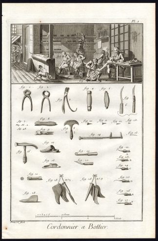 2 Antique Prints-SHOE-BOOTH-MAKER-WORKSHOP-TOOLS-Diderot-Prevost-1751