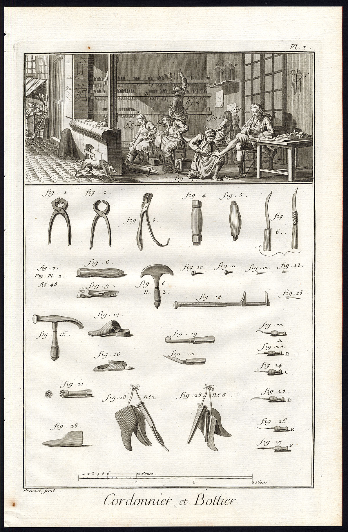 , 2 Antique Prints-SHOE-BOOTH-MAKER-WORKSHOP-TOOLS-Diderot-Prevost-1751, Pictura Antique Prints