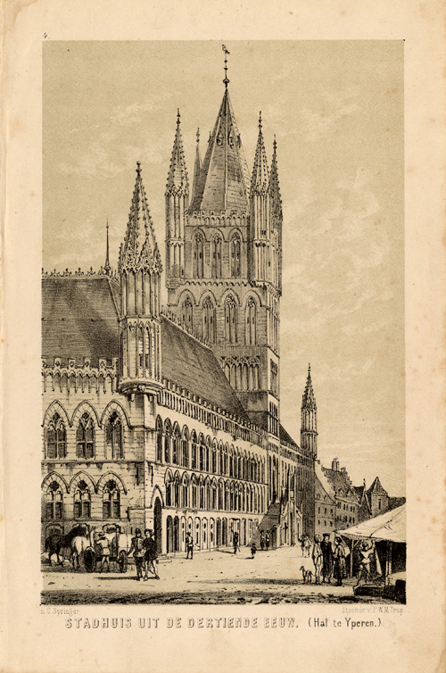 , Antique Map-YPRES-IEPER-CITY HALL-BELGIUM-Trap-Springer-1870, Pictura Antique Prints