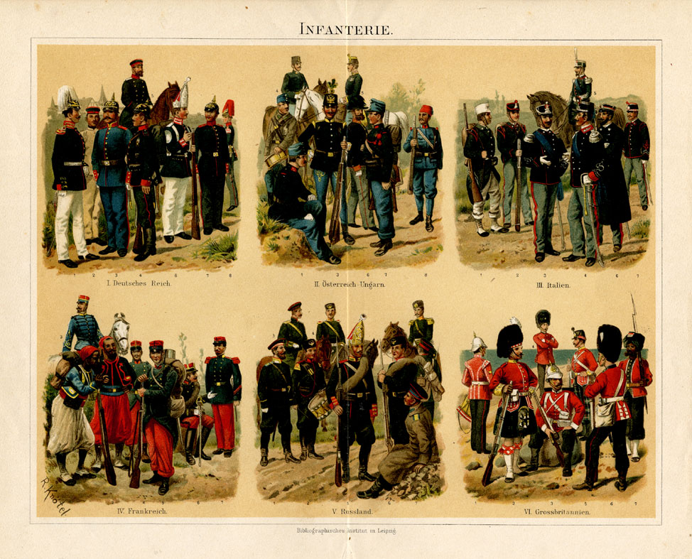 , Antique Prints-INFANTERIE-GERMANY-ITALY-Meyers-1895, Pictura Antique Prints