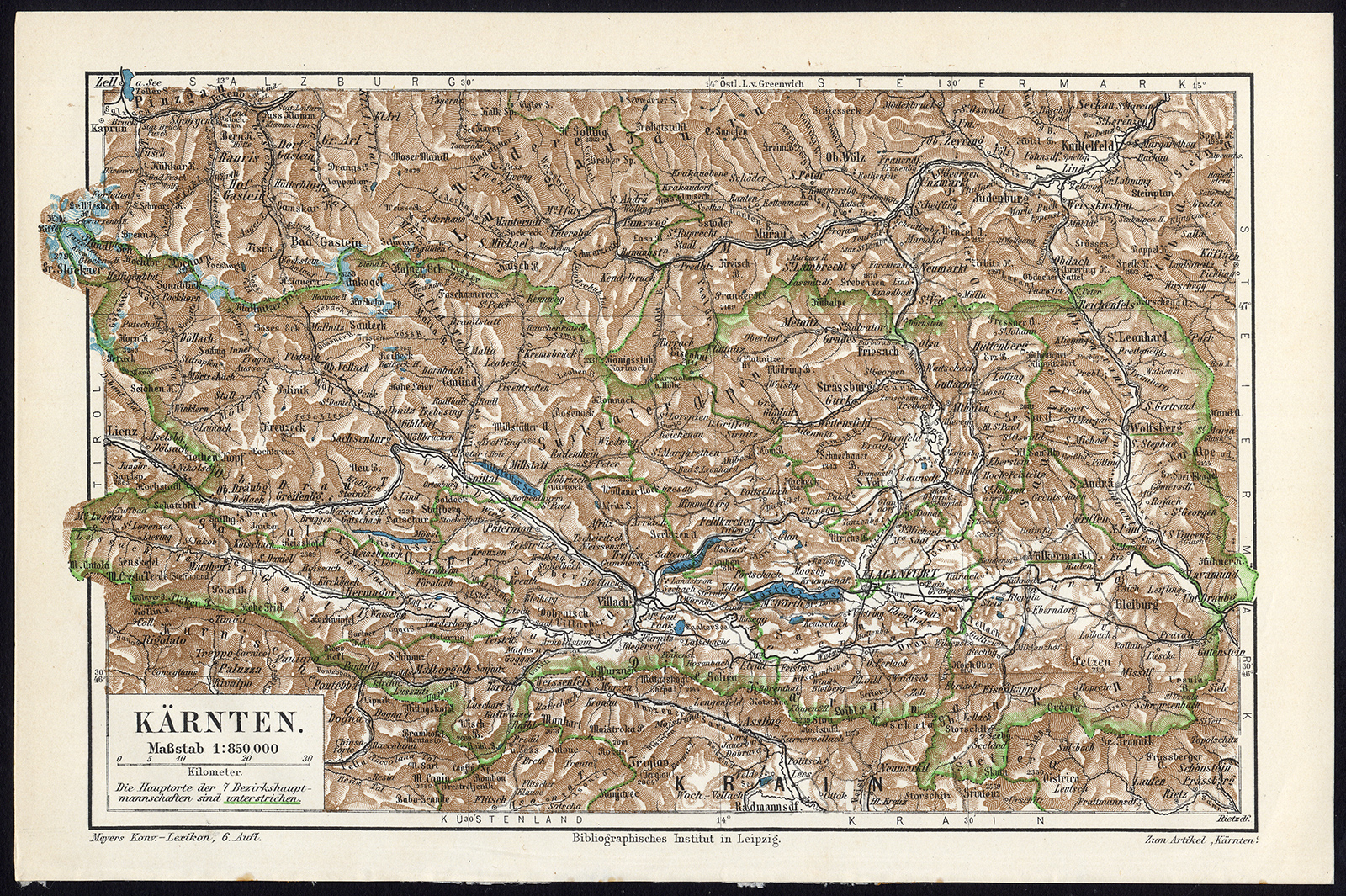 , Antique Map-AUSTRIA-CARINTHIA-KARNTEN-Meyers-1895, Pictura Antique Prints