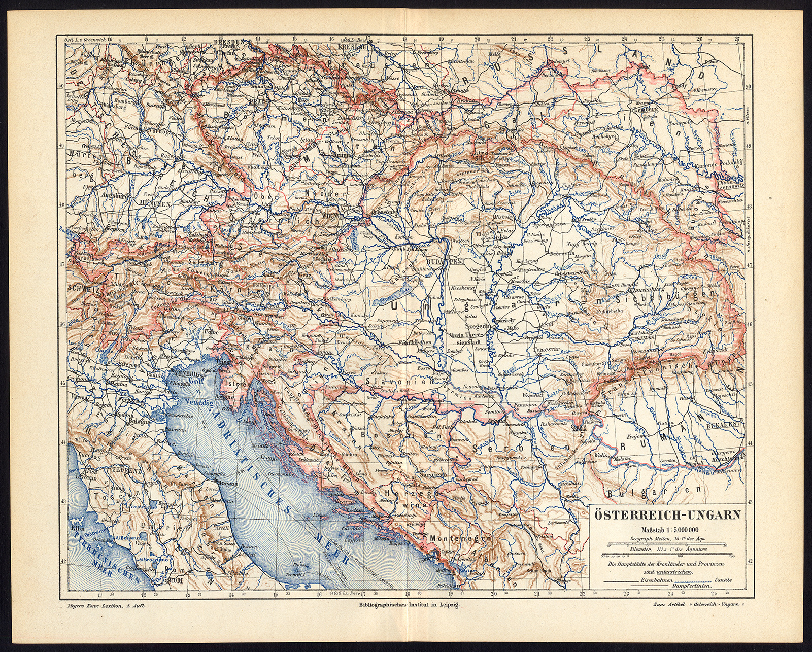 , Antique Map-AUSTRIA-HUNGARY-Meyers-1895, Pictura Antique Prints