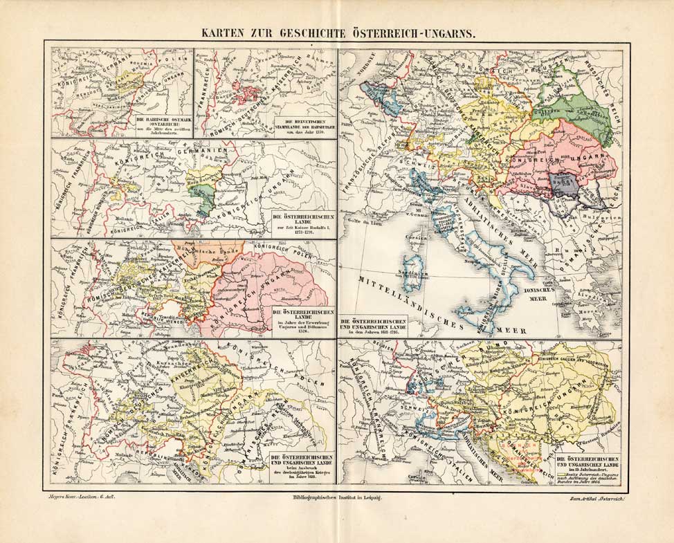 , Antique Map-AUSTRIA-HUNGARY-HISTORY-Meyers-1895, Pictura Antique Prints
