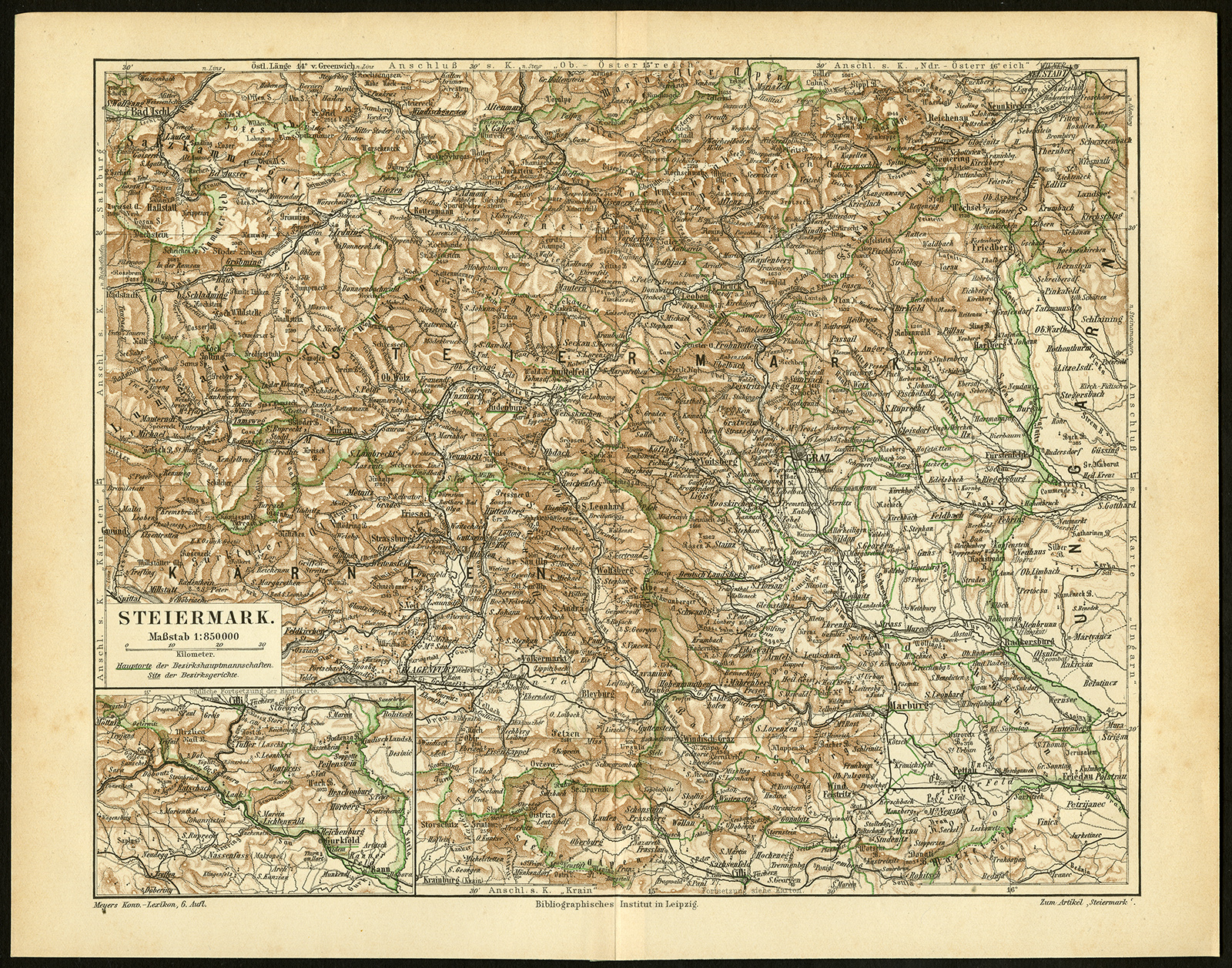 , Antique Map-STYRIA-STEIERMARK-AUSTRIA-Meyers-1895, Pictura Antique Prints