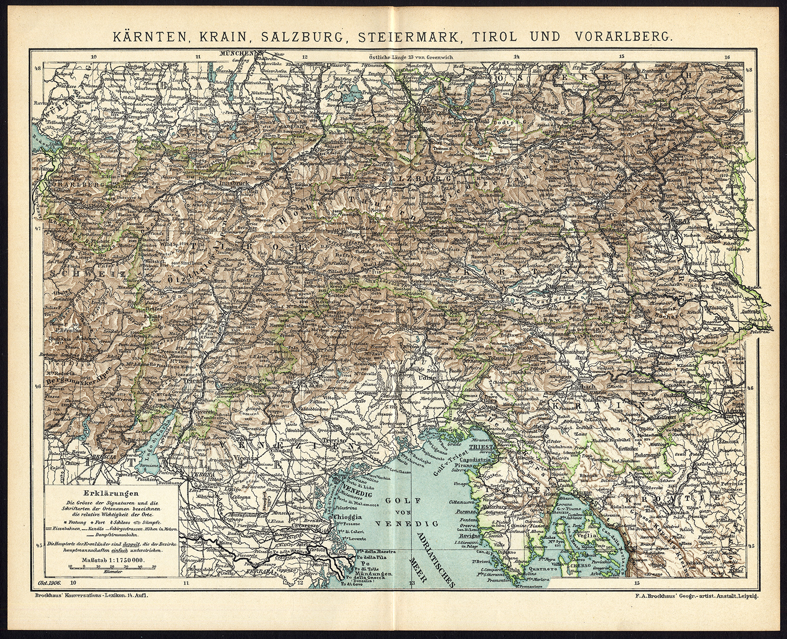 , Antique Map-STYRIA-CARINTHIA-TYROL-AUSTRIA-Meyers-1895, Pictura Antique Prints