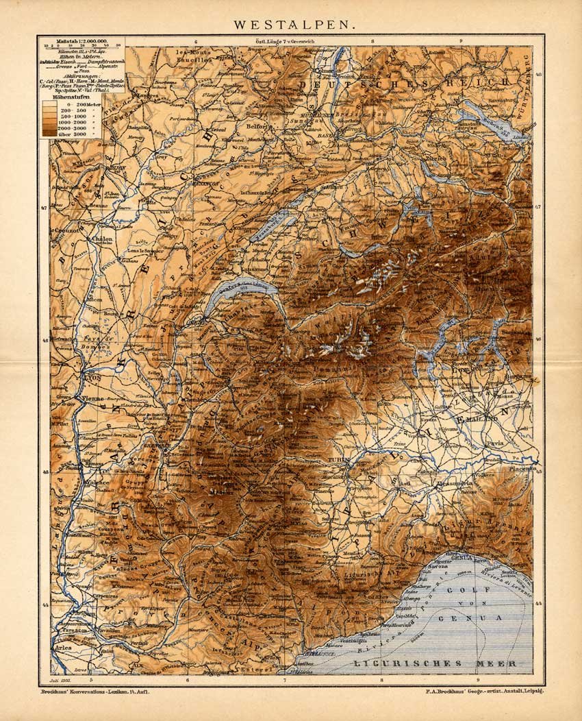 , Antique Map-FRANCE-WESTERN ALPS-SWITZERLAND-Meyers-1895, Pictura Antique Prints