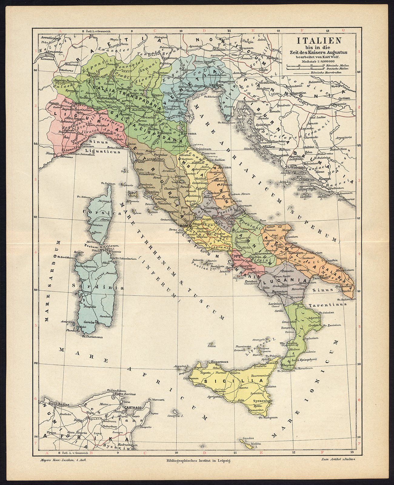, Antique Map-ITALY-EUROPE-HISTORY-CAESAR-Meyers-1895, Pictura Antique Prints