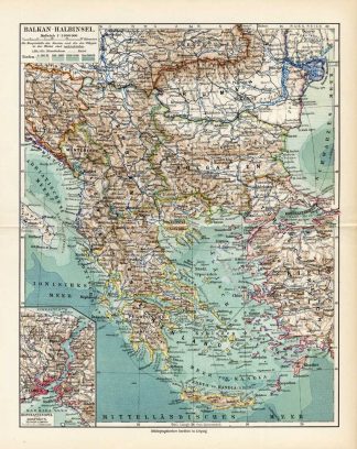 Antique Map-BALKAN-GREECE-CONSTANTINOPEL-TURKEY-Meyers-1895