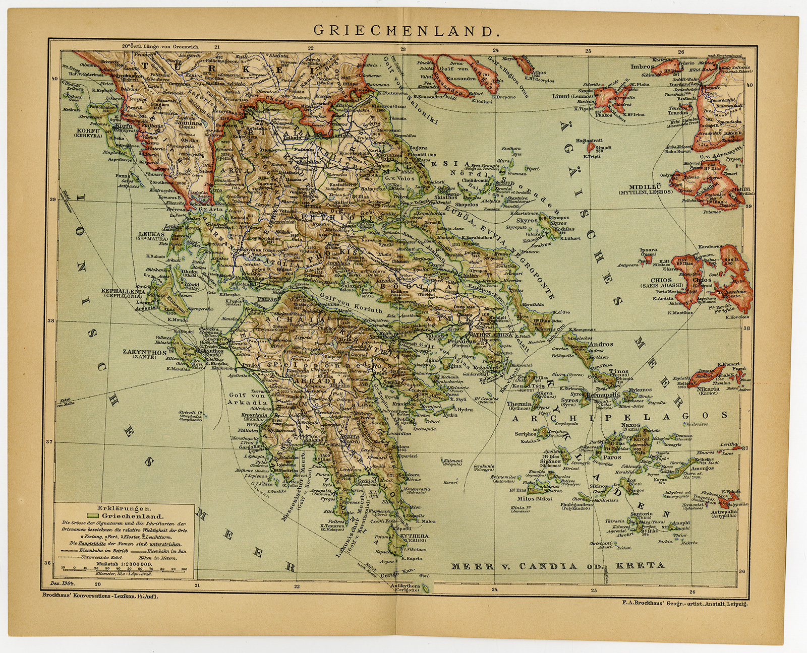 , Antique Map-GREECE-EUROPE-Meyers-1895, Pictura Antique Prints