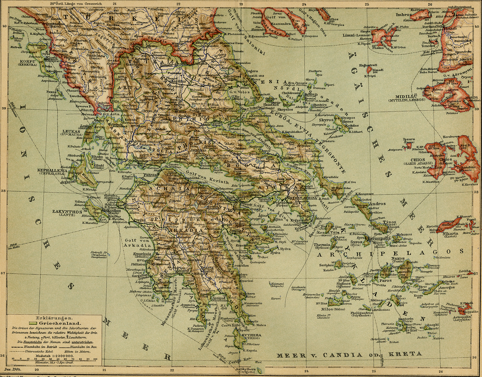 , Antique Map-GREECE-EUROPE-Meyers-1895, Pictura Antique Prints
