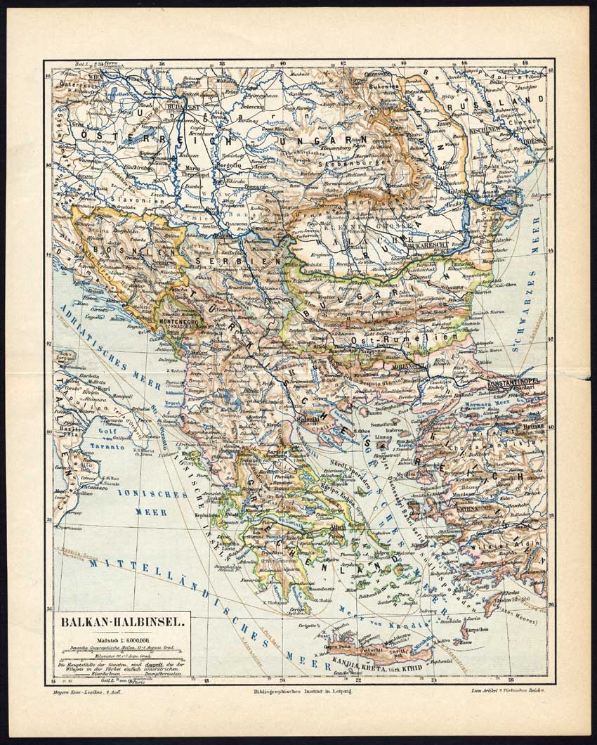 , Antique Map-BALKAN-GREECE-TURKEY-PENINSULA-EUROPE-Meyers-1895, Pictura Antique Prints