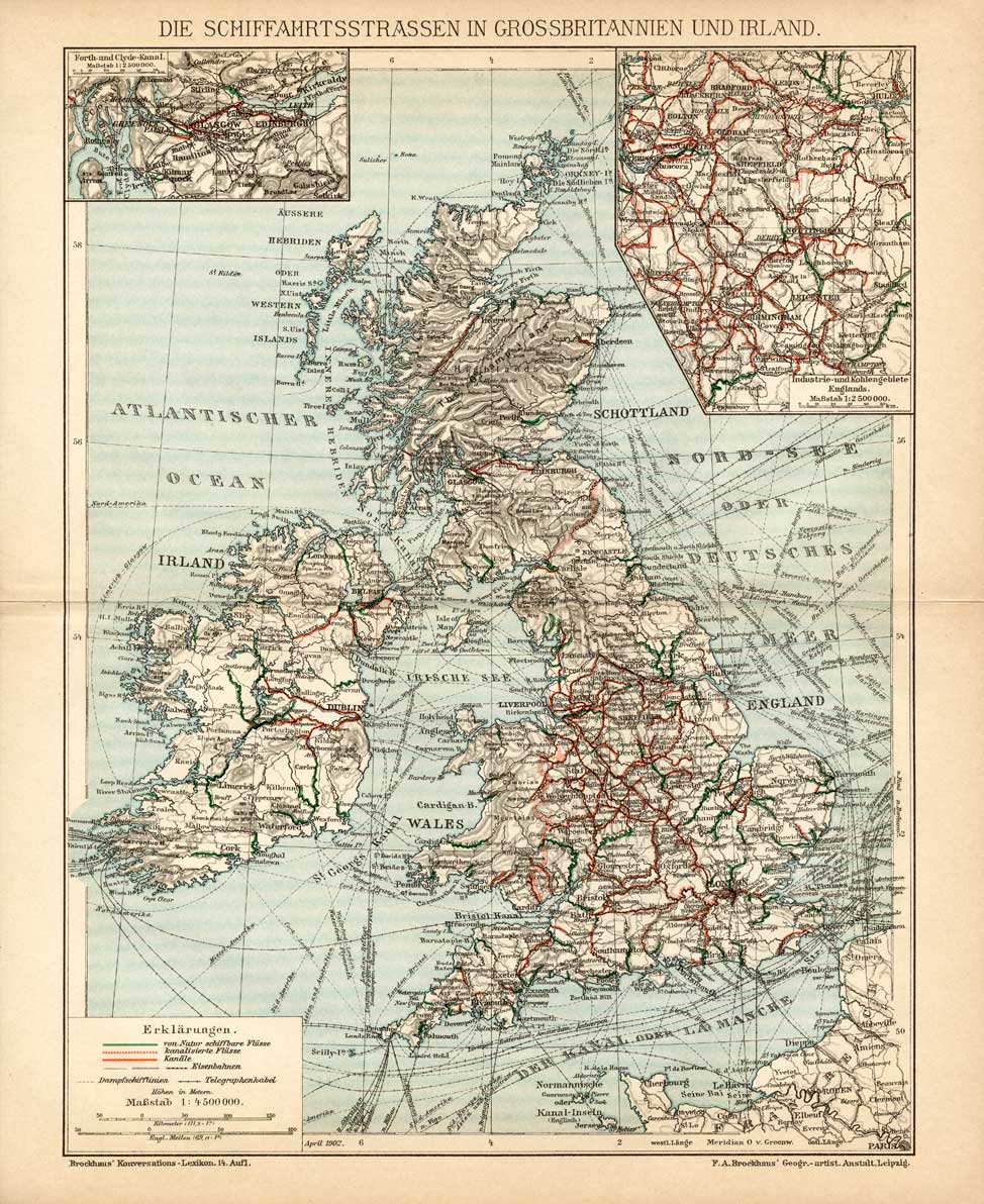 , Antique Map-GREAT BRITAIN-IRELAND-SEA WAYS-Meyers-1895, Pictura Antique Prints