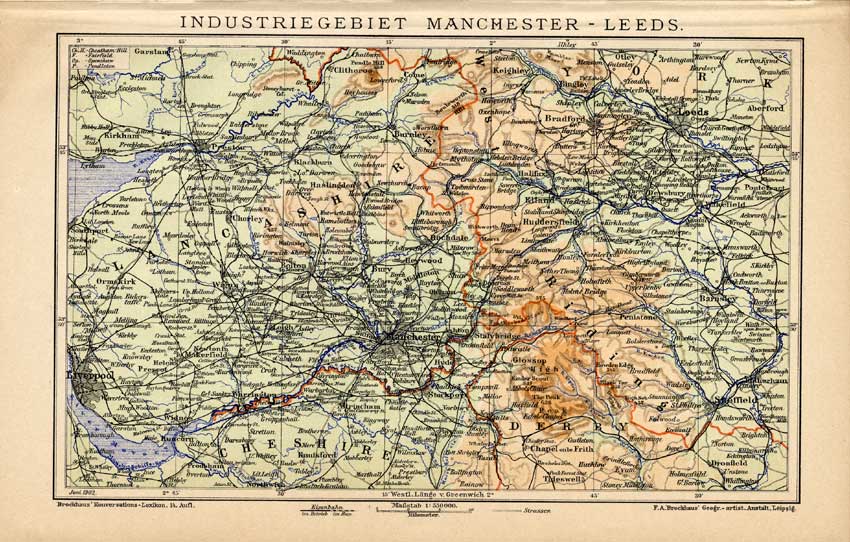 , Antique Map-MANCHESTER-LEEDS-INDUSTRY-Meyers-1895, Pictura Antique Prints