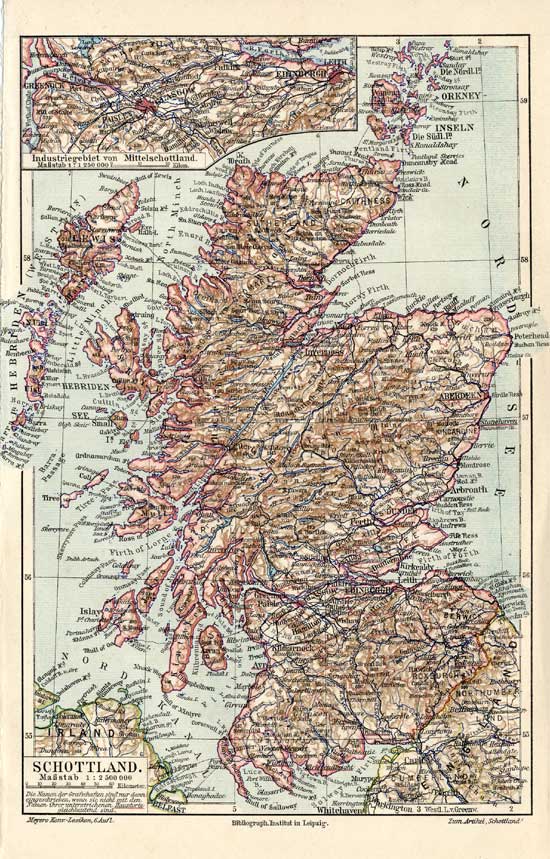 , Antique Map-SCOTLAND-GREAT BRITAIN-Meyers-1895, Pictura Antique Prints