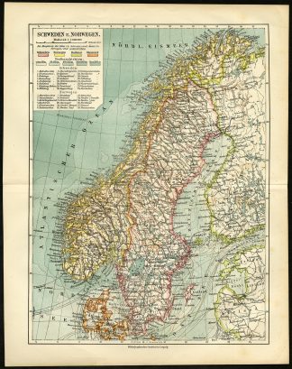 Antique Map-SCANDINAVIA-SWEDEN-NORWAY-Meyers-1903